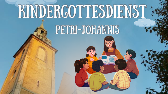 Kinder versammeln sich um eine vorlesende Frau, im Hintergrund ein Uhrturm.