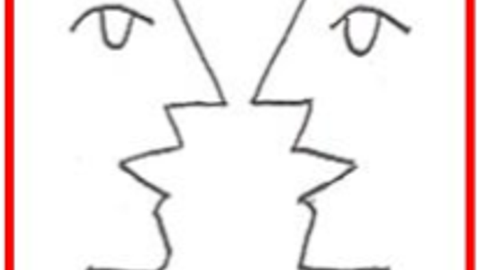 Das Bild zeigt ein Symbol mit zwei sich gegenüberstehenden Figuren und dem Text