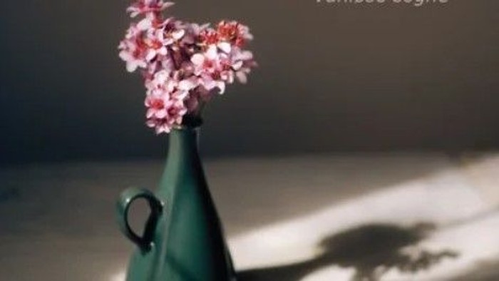 En grøn vase med rosa blomster på en bord.