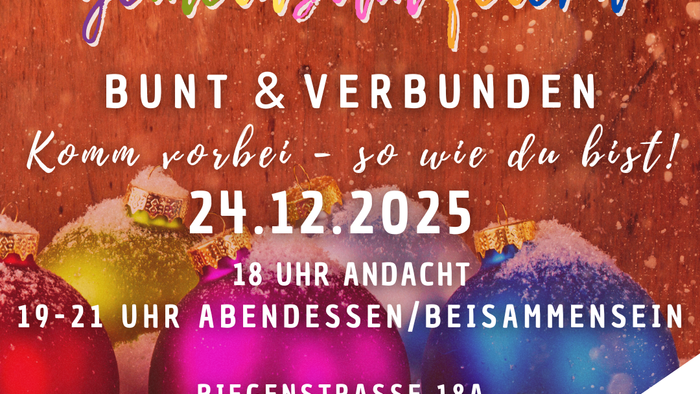 "Weihnachtsveranstaltungseinladung mit bunten Christbaumkugeln und Schnee, inklusive Datum und Ortsangaben"