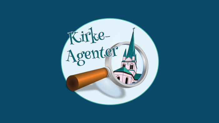 Forstørrelsesglas med kirkeillustration og tekst **