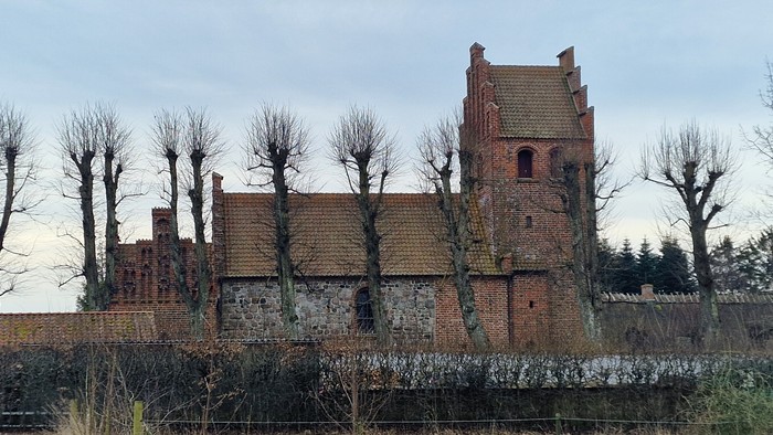 Det gamle slot er omgivet af træer og en mur.