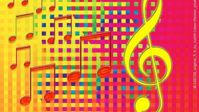 Rotgefärbte Noten auf gelben Hintergrund sind ausgerichtet auf einen gelben Notenschlüssel auf rotem Hintergrund