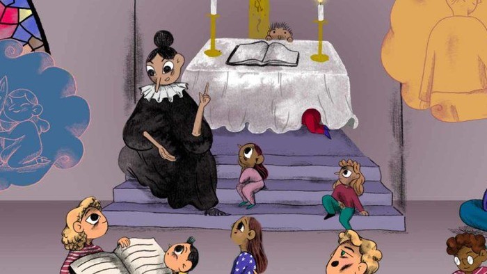 En mørkeklædt kvinde sidder på en trone og fortæller en gruppe børn en historie.