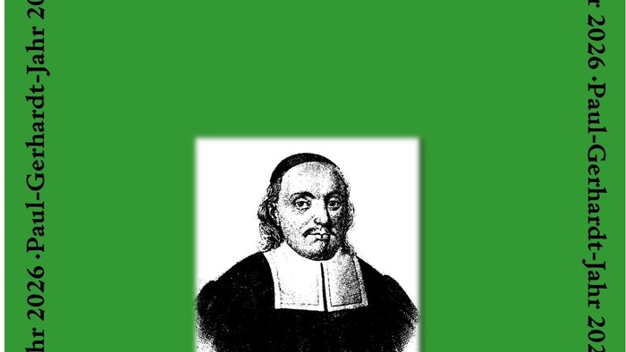 Gedenkplakat zum Paul-Gerhardt-Jahr 2026 mit einem Porträt von Paul Gerhardt auf grünem Hintergrund und wiederholendem Text.