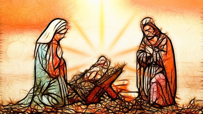 Glasmaleri af juleevangeliet med Maria, Josef og barnet Jesus.