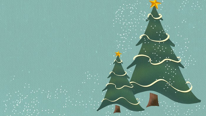 Two decorated Christmas trees with gold ornaments and a star on top, set against a light blue background with falling snowflakes.