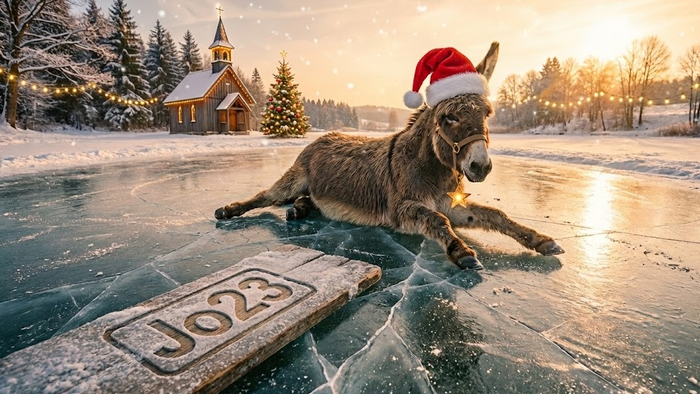 Esel auf einer Eisfläche, daneben ein Holzschild mit der Aufschrift Jo23