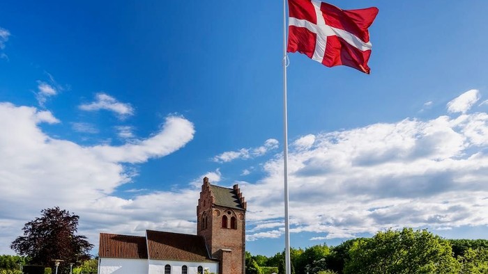 En dansk flag på en stang foran et hus med en have og træer