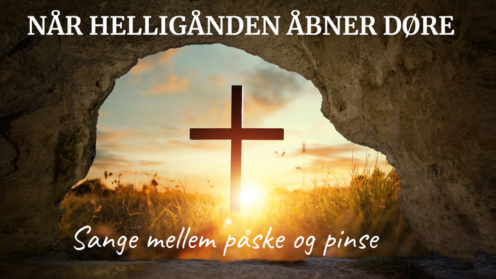 Kristent oratorieplakat med et kors i en grotte ved solopgang, med tema for påske- og pinsehymner.
