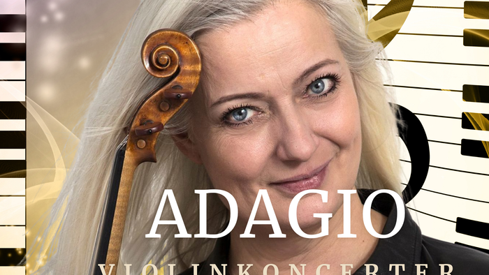 En kvinde spiller violin med et roligt udtryk og promoverer en violinkoncert med titlen *