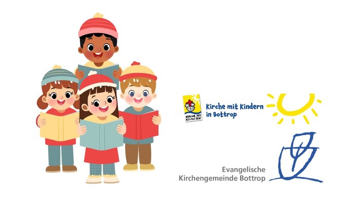 Kinder in Winterkleidung, lächelnd, mit einem Logo und Text auf der rechten Seite.
