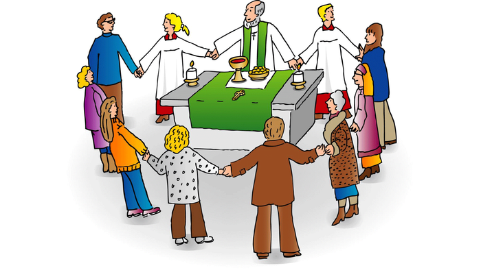 Eine vielfältige Gruppe von Menschen, die sich an einem Tisch mit gemeinsamem Essen an den Händen halten und Einheit und Gemeinschaft symbolisieren.