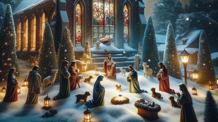 Eine Weihnachtskrippe vor einer Kirche im Schnee