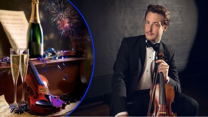 En mand i jakkesæt, der spiller violin, med indsat billede af violin, champagne og fyrværkeri.