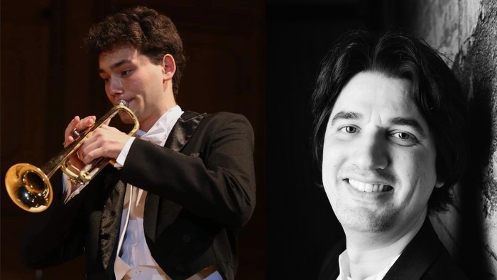 Ein Mann spielt Trompete, daneben ein Porträtfoto desselben Mannes