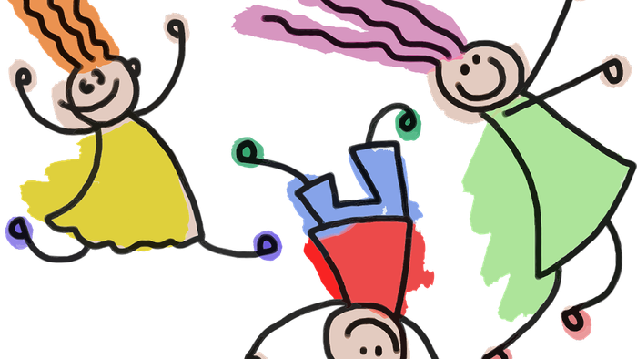 Drei fröhliche Figuren tanzen ausgelassen im Kreis