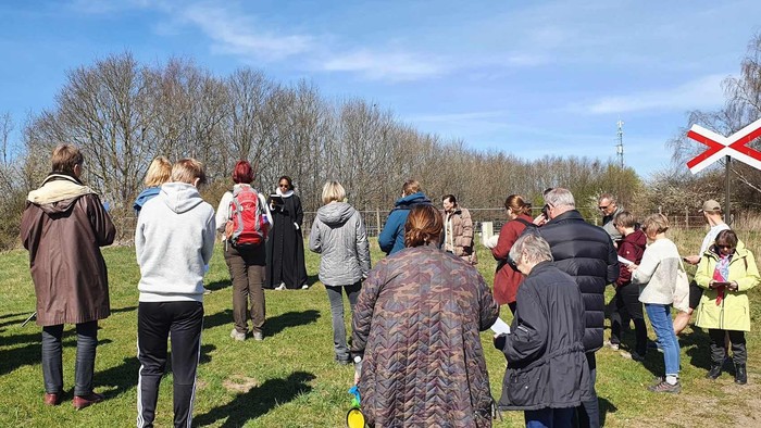 En gruppe af mennesker står på en eng og ser op i luften.