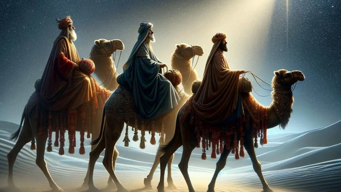 Drei Weisen auf Kamelen unter Sternenhimmel