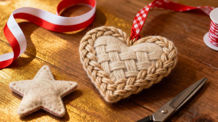 Et flettet hjertepynt ligger på et bord sammen med en stjernepynt, et bånd og en saks.