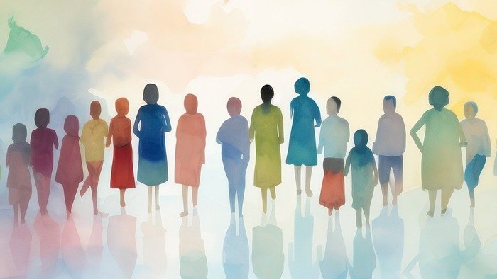 En gruppe af mennesker står sammen på en farverig, skyeragtig baggrund