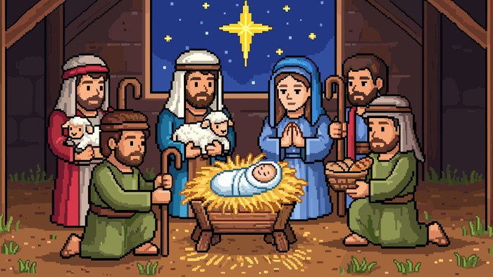 Weihnachtskrippe mit dem Jesuskind, Maria, Josef und den drei Weisen (oder Heiligen Drei Königen).