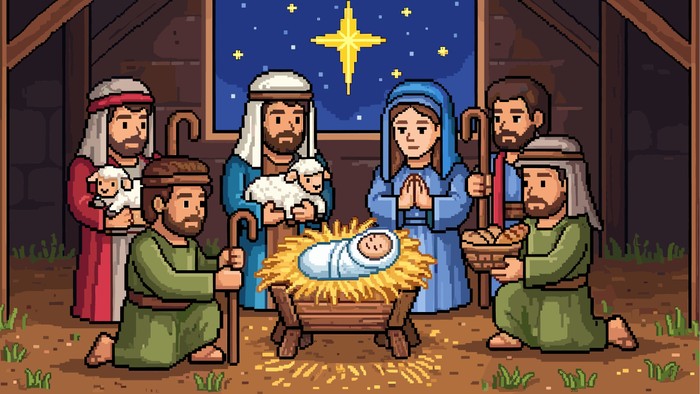 Weihnachtskrippe mit dem Jesuskind, Maria, Josef und den drei Weisen (oder Heiligen Drei Königen).