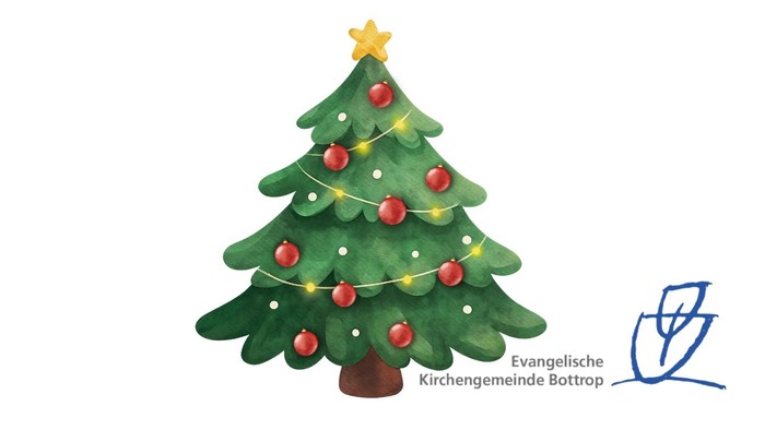 Weihnachtsbaum mit Schmuck und Lichtern, gekrönt von einem Stern, sowie ein Logo mit Text.