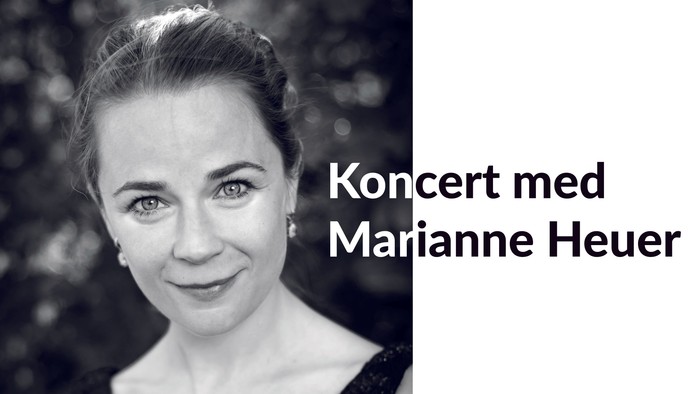 Sort-hvid koncertannonce med optrædende Marianne Heuer på et sløret grønt baggrundsbillede.