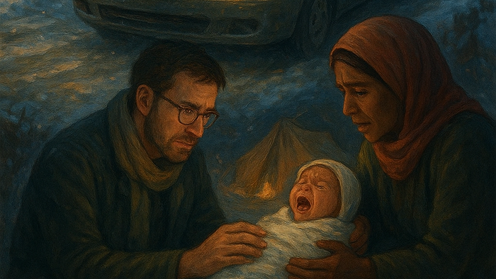 Famille avec un bébé dans la voiture, un éléphant à proximité, montagnes enneigées en arrière-plan.