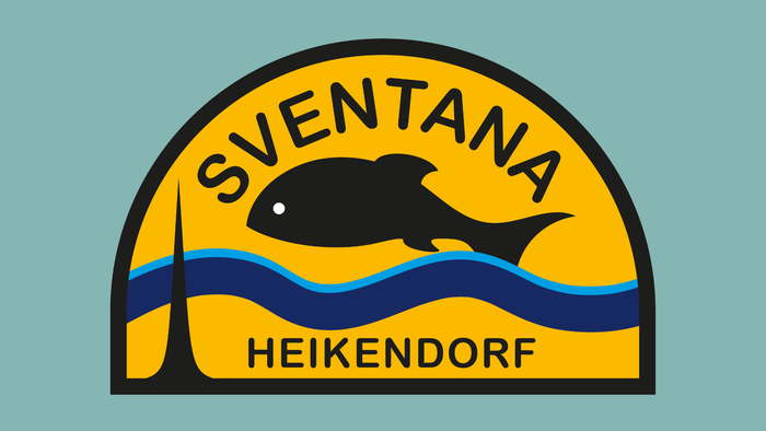 Logo mit einem Fisch und Wellen unter dem Text „SVENTANA HEIKENDORF“ in einem gelben Bogen.