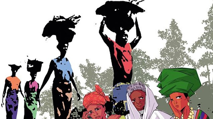 Graphic Darstellung: Frauen tragen Körbe auf dem Kopf.