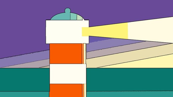 Das Bild zeigt einen Leuchtturm mit rot-weiß gestreifeltem Turm, der in den Himmel strahlt