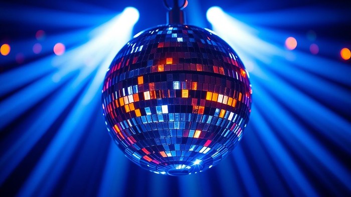 Eine Discokugel, die in lebhaftem Blau und buntem Bühnenlicht hängt und dynamische Lichtreflexe erzeugt.