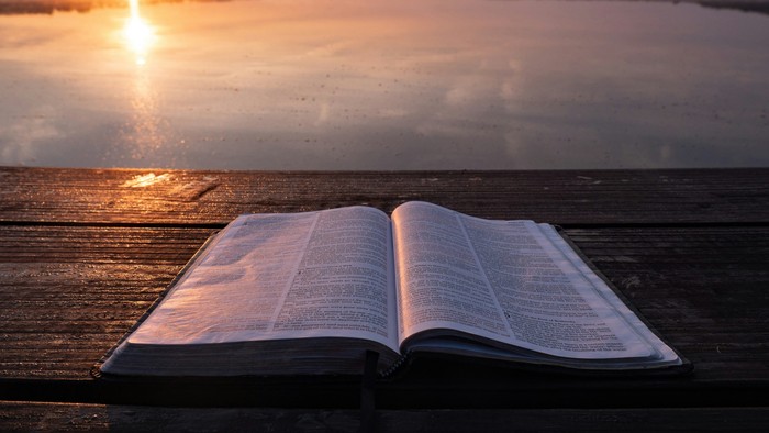 Offenes Buch liegt auf Holzsteg bei Sonnenuntergang am Wasser