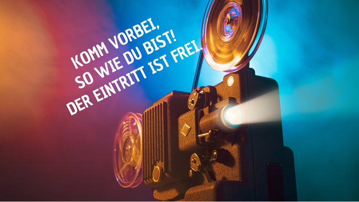 Filmveranstaltungsplakat mit Details und Vintage-Projektor-Abbildung