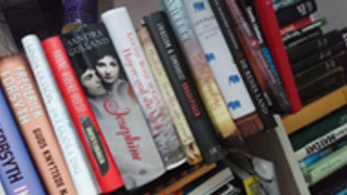 En boghylde med mange bøger, bl.a. en rød bog med hvid skrift.