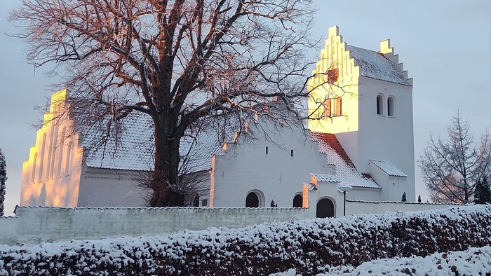 En snedækket kirke med en stor tårn og en træ i forgrunden