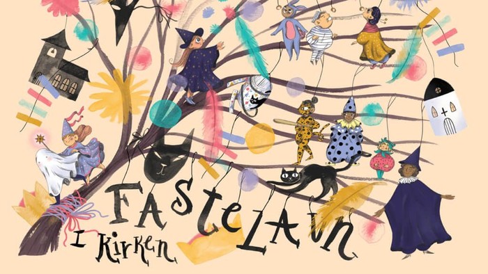 Farverig Halloween-illustration af karakterer, der flyver på koste under en festlig nattetime fejring.