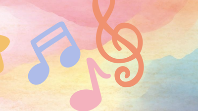 En farverig illustration med en stjerne, musiknoter og en regnbue over en blød baggrund