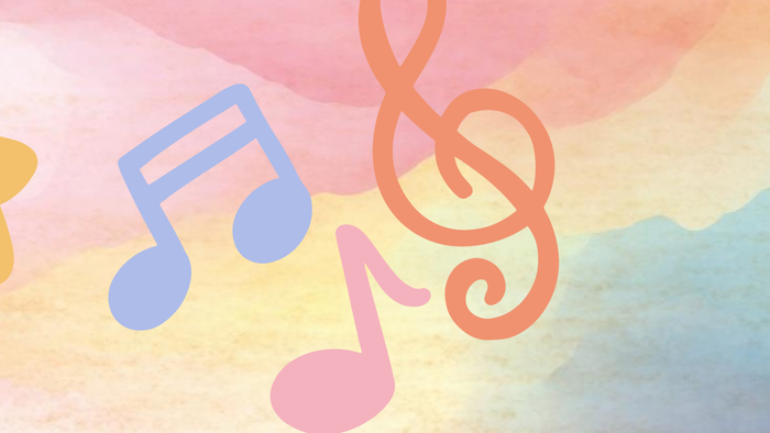 En farverig illustration med en stjerne, musiknoter og en regnbue over en blød baggrund