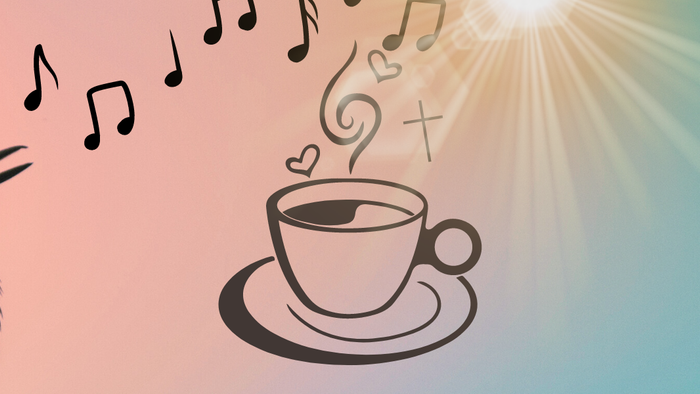 En fugl synger til en kaffekop med musiknoter