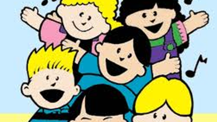 En gruppe af tegnede børn synger sammen med glade ansigter.