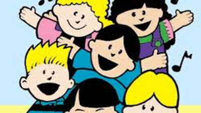 En gruppe af tegnede børn synger sammen med glade ansigter.