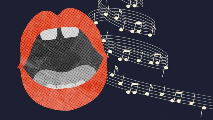 Einladung zum Adventsingen in den Gropiusspassagen. Es ist ein geöffneter Mund zu sehen und eine Notenspirale.