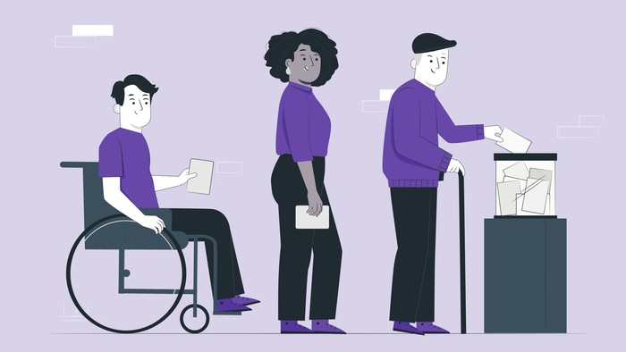 Drei Personen in einer Reihe: eine im Rollstuhl, eine mit einem Stock und eine stehende Person, alle halten Papiere in der Hand.