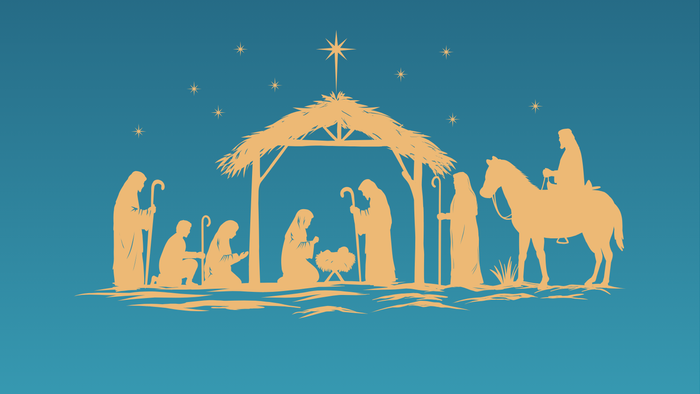 Silhouette einer Weihnachtskrippe mit dem Jesuskind, Maria, Josef, Engeln und Tieren unter einem sternenklaren Nachthimmel