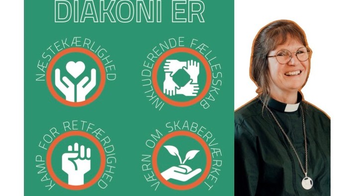 Overskrift “Hvad er diakoni”, næstekærlighed, inkluderende fællesskab, kamp for retfærdighed, værn om skaberværket +Foto af diakon Heidi M. Jensen