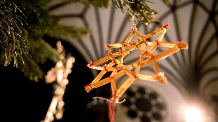 Ein selbstgebastelter Stern aus Strohhalmen hängt an einem Weihnachtsbaum.
