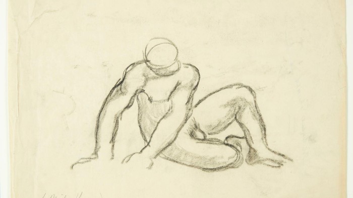 Skitse af en hukende nøgen figur i en løs, ekspressiv blyantstegnestil.